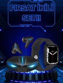 Resim techthore Yeni Nesil Akıllı Saat ve Kablosuz Kulaklık Kampanyası İkili Set Bluetooth Bağlantılı 