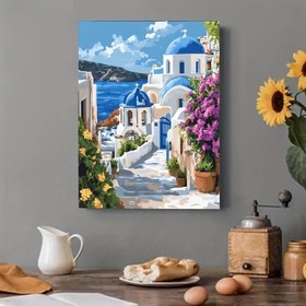 Resim Santorini Adası Elmas Boyama Kiti - 5D DIY Yuvarlak Akrilik Nakış Sanatı, Duvar Dekoru ve Hediye için Çerçevesiz Çapraz Dikiş El Sanatları, Mavi Mimari ve Çiçek Tasarımı ile Canlı Manzara, Yeni Elmas Boyama Setleri 