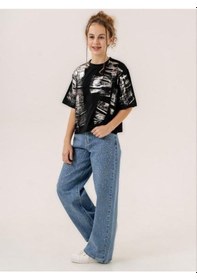 Resim Zekids Kız Çocuk Bol Paça Taşlı Denim Pantolon-13901-mavi Mavi 