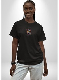 Resim Meksikalı Alebrije Kedi Fütüristik Kedi Siyah Oversize Unisex Ön Orta Minimal Baskılı Tişört Siyah 