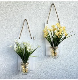 Resim Led Işıklı, Sarı Ve Beyaz Nergis Çiçekli Duvar Dekoru Beyaz İkili Set Beyaz 