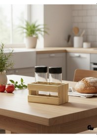 Resim Ahşap Doğal 2li Baharatlık Ahşap Cam Set Takımı 1 Set Kavak - Ihlamur Ahşap 