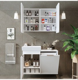 Resim Dubai Sepetli Mdflam Banyo Dolabı, Lavabolu Banyo Alt Dolabı + Aynalı Banyo Üst Dolabı Takımı Beyaz 