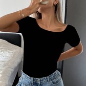 Resim Kadınlar İçin Şık Sırtı Açık Esnek Tişört - Orta Doğu Esintili Düz Siyah Üst, Makinede Yıkanabilir İlkbahar/Yaz Modası Tee Günlük & Resmi Kıyafetler için, Bayanlar T-Shirtleri, Orta Esneklikte Kumaş 