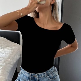 Resim Kadınlar İçin Şık Sırtı Açık Esnek Tişört - Orta Doğu Esintili Düz Siyah Üst, Makinede Yıkanabilir İlkbahar/Yaz Modası Tee Günlük & Resmi Kıyafetler için, Bayanlar T-Shirtleri, Orta Esneklikte Kumaş 