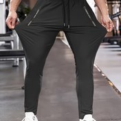 Resim Erkekler için yüksek esneklikte düz renk spor pantolonu, fermuarlı cepli - Nefes alabilen bağcıklı, koşu, yoga, antrenman, yürüyüş için ideal - Bahar/Yaz koleksiyonu, spor salonu ekipmanı|Esnek spor giyim|Fermuarlı cepli 