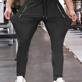 Resim Erkekler için yüksek esneklikte düz renk spor pantolonu, fermuarlı cepli - Nefes alabilen bağcıklı, koşu, yoga, antrenman, yürüyüş için ideal - Bahar/Yaz koleksiyonu, spor salonu ekipmanı|Esnek spor giyim|Fermuarlı cepli 