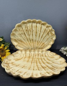 Resim Dekoratif Polyester İkili İstiridye Tepsi Sunumluk Krem Gold Eskitme 