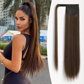 Resim Klipsli Stil At Kuyruğu Uzatma Sarma Stili Koyu Kahverengi Uzun Düz At Kuyruğu 66.04 cm Isıya Dayanıklı Sert Sentetik Saç Yama, Kızlar ve Kadınlar Tarafından Günlük Kullanım İçin Uygundur 
