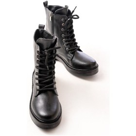 Resim 02-356 Siyah Düz Topuklu Bağcıklı Fermuarlı Günlük Kadın Bot Beyaz 