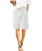 Resim Kadın Pamuk Keten Yazlık Şort Günlük Geniş Paça Büzgülü Cepli Şort Diz Boyu Dış Mekan Plaj Tatili İçin Beyaz 