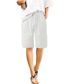Resim Kadın Pamuk Keten Yazlık Şort Günlük Geniş Paça Büzgülü Cepli Şort Diz Boyu Dış Mekan Plaj Tatili İçin Beyaz 