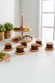 Resim Atbyhome 12 Parça Cam Kahve Sunum Seti Bambu Altlıklı Fincan Takımı Bambu 