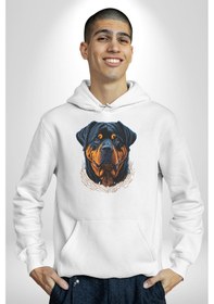 Resim Rottweiler Koca Kafa Kadın Erkek Beyaz Kapüşonlu Sweatshirt Hoodie Beyaz 