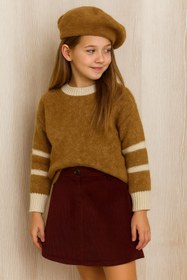 Resim CLOUDY WEAR&DESİGN Çizgili Kol Detaylı Bisiklet Yaka Kışlık Kız Çocuk Kahverengi Triko Kazak (5-14 Yaş) 