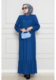 Resim Sevitli Robalı Sahra Tesettür Elbise-mavi-4591 Mavi 