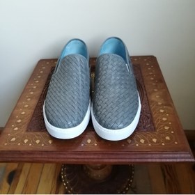 Resim Butik Tülin Unisex Hakiki Deri Yakma Antik Gri El Örgü Lastikli Düz Kauçuk Tabanlı Loafer 