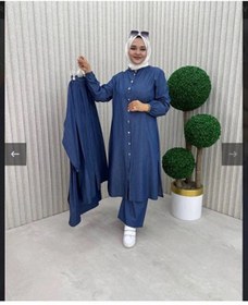 Resim chize Kot Kumaş Düğme Detaylı Uzun Tunik Tesettür Alt Üst Takım 