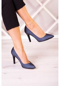 Resim Erkan Saçmacı Gowa Plus Lacivert Saten Sivri Burun İnce Topuklu Abiye Stiletto Ayakkabı 