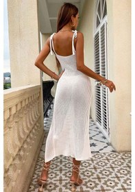 Resim Angelsin Örme Wrap Yaka Yırtmaçlı Plaj Elbisesi Pareo Beyaz 