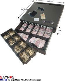 Resim SAYPOS Açma Butonlu İçi-Dışı Full Metal Ağır Yük Para Çekmecesi 5 Geniş Banknotlu Ekstra Büyük 46x46,5x11cm 