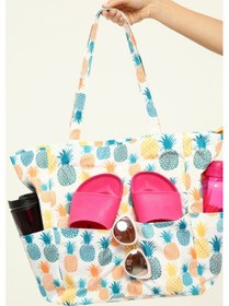 Resim İcone Bag Kadın Çantası, Fonksiyonel Baskılı Plaj Çanta, Beach Bag, Karpuz Tropical Desenli Fermuarlı Çanta Yeşil - Sarı 