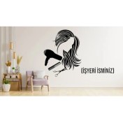 Resim Kurutma Makineli Uzun Saçlı Kuaförü Işyeri Ismi Güzel Kadın Işyeri Cam Yapışkan Sticker 
