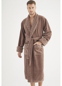 Resim Yaka Jakarlı %100 Cotton Erkek Bornozu Bej 