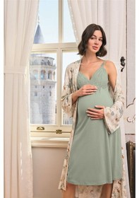 Resim Monamise Kadın Çiçek Ve Yaprak Desenli Dantelli Hamile Lohusa Sabahlık Takımı 24163 