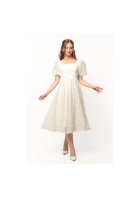 Resim Livanomi Beyaz Kare Yaka Karpuz Kol Abiye Elbise 