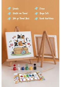 Resim Kedi Figürlü Çocuk Boyama Tuvali Şövaleli Boya Seti 20x20 