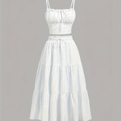 Resim Ruffle Tank Top ve Çiçekli Midi Etek ile Şık İki Parçalı Set - Kolsuz Ruched Üst, Akışkan Katmanlı Etek, Bahar/Yaz için Mükemmel, Polyester, Durum Kıyafeti | Ruched Tasarım | Pürüzsüz Tekstür 