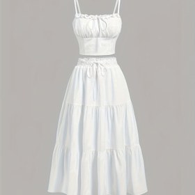 Resim Ruffle Tank Top ve Çiçekli Midi Etek ile Şık İki Parçalı Set - Kolsuz Ruched Üst, Akışkan Katmanlı Etek, Bahar/Yaz için Mükemmel, Polyester, Durum Kıyafeti | Ruched Tasarım | Pürüzsüz Tekstür 