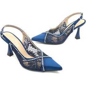 Resim Feles Saten Dantel Taş Detaylı Arkası Açık Stiletto Kadın Topuklu Ayakkabı Lacivert 