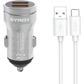 Resim Syrox SC20T 3.1A Q.c. 3.0 1mt Usb-A - Type-C Kablolu 2xusb-A Port Çıkışlı Hızlı Araç Şarj Cihazı - Gri 