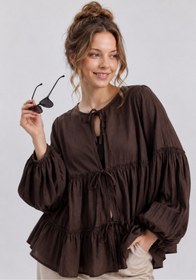 Resim GLOW MUSE Kolu Lastikli Önü Bağlamalı Katlı Kimono -Kahverengi 