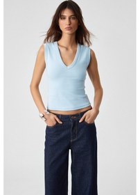 Resim Grimelange Lescosa Kadın Slim V Yaka Kolsuz Mavi T-shirt Mavi 