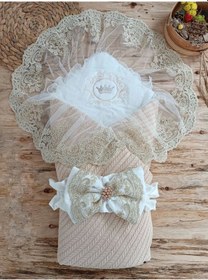 Resim Örgü Tericotton Taç Nakışlı İncili Güpür Çift Fiyonk Papatya Güpür Trilüks Kundak Bebek Battaniyesi Bej 