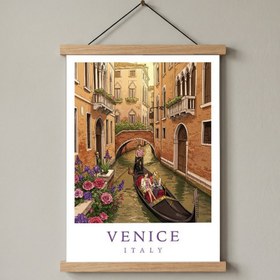 Resim Venice Italy Travel Poster - Gondola Canal Romantic Wall Art Print - With Hanger - Wood / 24 x 36" (60x90 cm) 