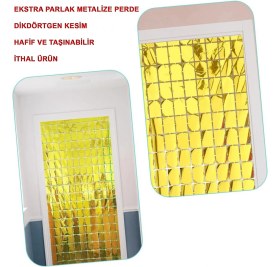 Resim Marsilyan Ekstra Metalize Altın Renk Disko Dikdörtgen Kesim Kapı Perdesi Dekorasyon 1x2 Metre (K95) 