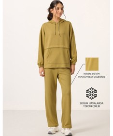 Resim Koyu Hardal Yumuşak Dokulu Kapüşonlu Oversize Kadın Eşofman Tunik Takım - 95348 Koyu Hardal/koyu Hardal 