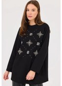 Resim Kadın Yuvarlak Yaka Taşlı Sweatshirt - Siyah Siyah 