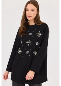 Resim Kadın Yuvarlak Yaka Taşlı Sweatshirt - Siyah Siyah 