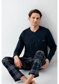 Resim Arnetta Erkek %100 Pamuklu 4 Mevsim Cepli Uzun Kol Ekose Pijama Takım Lacıvert 