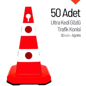 Resim İleri Trafik 50'li Ultra Kedi Gözlü Trafik Konisi Seti Ağırlıklı 60 cm Trafik Dubası 