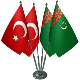 Resim Masa Üstü Türkmenistan Bayrağı Türk Bayrağı Dörtlü Krom Direk Mas 