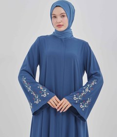 Resim Kolları Çiçek Nakışlı Valon Kollu Ferace İndigo | 202486 - 46 / İndigo 