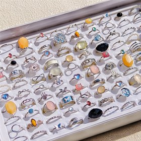 Resim Kadınlar için 29 adet/paket Moda Yığın Halka Vintage Bohem Tarzı Gümüş Alaşım Malzeme Halka Kadınlar ve Erkekler için Halka Boyutu 15mm-19mm Karışık Oval Yuvarlak Kelebek Çeşitli Geometrik Tasarımlar Parti Toplama Hediye Şans Kadınlar için Parmak Halka Seti Kutusuz 