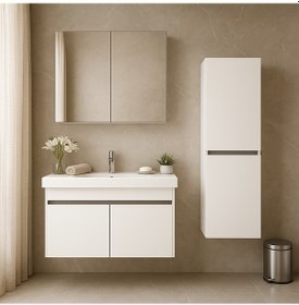 Resim Arista 80 Cm Beyaz Mdf, Seramik Lavabolu, Alt - Üst Ve Boy Dolap Beyaz 