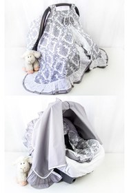 Resim 3lu Puset Ortusu - Puset Minderi - Puset Carsafi Model %100 Pamuk Cift Katli Firfirli Gri Elegant 